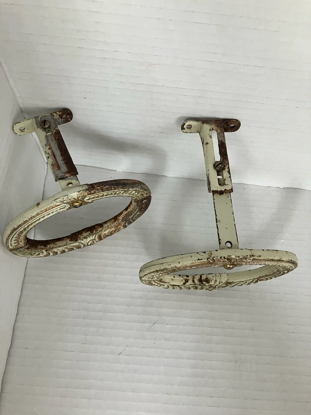 Antique Cream and Brown Oval Cast Iron Decorative Curtain Tiebacks Adjustable 5”